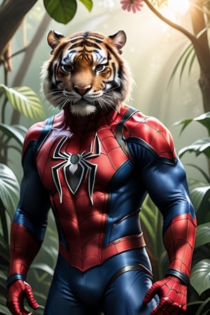 A raw photo of a realistic tiger, (wearing Spiderman costume), fur, jungle backdrop, trees, plants, flowers, sunlight 32k UHD