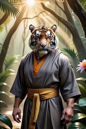 A raw photo of a realistic tiger, (wearing monk robe), fur, jungle backdrop, trees, plants, flowers, sunlight 32k UHD