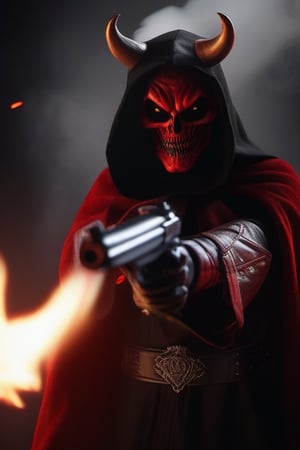 A red devil in a black cloak holding a gun at camera/, fangs showing, hyper realistic, excellent detail, dark background with fires and smoke