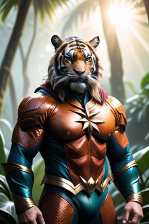 A raw photo of a realistic tiger, (wearing Aquaman costume), fur, jungle backdrop, trees, plants, flowers, sunlight 32k UHD