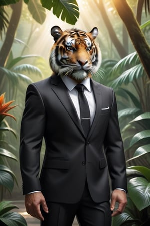 A raw photo of a realistic tiger, (wearing black business suit), fur, jungle backdrop, trees, plants, flowers, sunlight 32k UHD