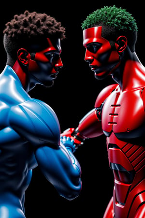 Two men fighting ,,nature as part of human body, front facing, fullbo dy, front side, subsurface scattering, transparen t, translucent skin, glow, bloom, Bioluminescent li quid,3d style,cyborg style, Movie Still, 