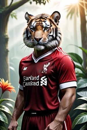 A raw photo of a realistic tiger, (wearing Liverpool football kit), fur, jungle backdrop, trees, plants, flowers, sunlight 32k UHD