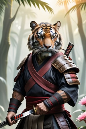 A raw photo of a realistic tiger, (wearing samurai outfit holding katana), fur, jungle backdrop, trees, plants, flowers, sunlight 32k UHD