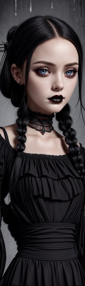 ((masterpiece, best quality)), merlina, black long dress, 2 braids, emotionless face, pale skin,gothic makeup,face close to camera,detailed face, perfect eyes, detailed hands, mix of fantastic and realistic elements,uhd image,crystal clear translucency,vibrant artwork