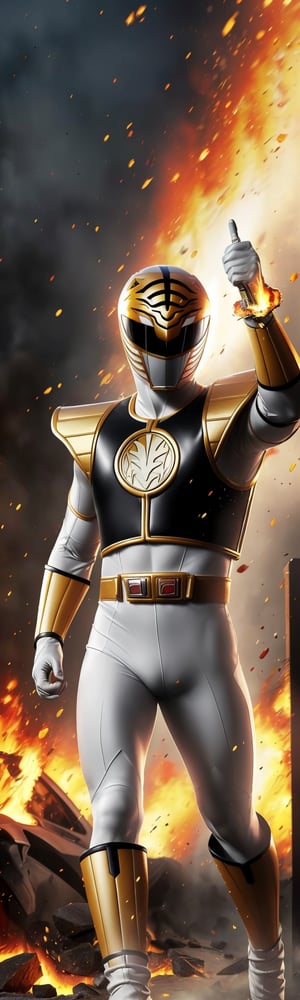((masterpiece, best quality)), power ranger, power ranger suit, full body, fire explosion, mix of fantastic and realistic elements, uhd image, vibrant illustrations, hdr, ultra hd, 4k,White_Ranger