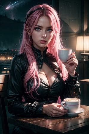 1 girl, pink hair, long hair, hair forward, long hair, pink eyes, intimidating look, deep look, sitting with a cup of coffee, looking into the camera, perfect face, beautiful eyes, beautiful house at night, mix of dark light and light entering from the right, beautiful night, shooting star, mix of fantasy and realism, hdr, ultra hd, 4k, 8k