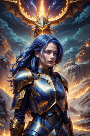 ((masterpiece)), (best quality), (cinematic), 1 woman in metal armor in the foreground, 1 dragon in the background, Woman caressing a fire dragon, worn armor, shine, battlefield background the Middle Ages, detailed face, long hair, wind, mix of fantasy and realism, mix of fire and wind, (cinematic, colorful), (extremely detailed), clouds, hdr, ultra hd, 4k, 8k