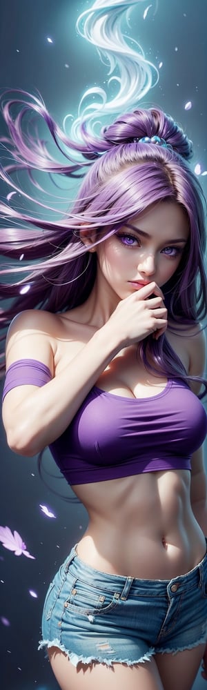((masterpiece, best quality)), 1 girl, long purple hair, hair forward, covering her mouth with her hands, deep look, sensual look, purple t-shirt, purple shorts, very detailed face, purple eyes, makeup beautiful, realistic hair lighting, curvy body, top view, high angle, head closer to camera and body further away, face effect closer to camera, uhd image, vibrant artwork, vibrant manga, mix of fantasy and realistic elements, vibrant artwork