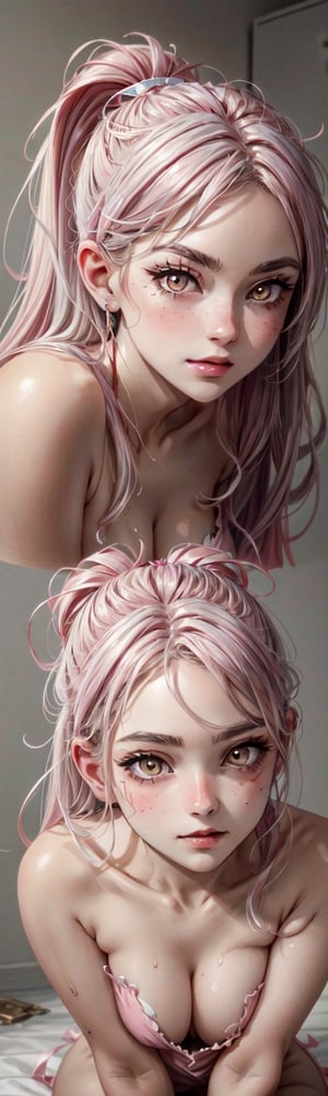 ((masterpiece, best quality)), 1 girl, hair in a ponytail and 2 strands on the sides of her face, torn pink dress, sitting with her hands between her legs, highly detailed face, bright pink eyes, face effect closer to camera, uhd image, dark makeup, curvy body, high angle shot, top view, vibrant artwork, vibrant manga, mix of fantasy and realistic elements, vibrant illustrations