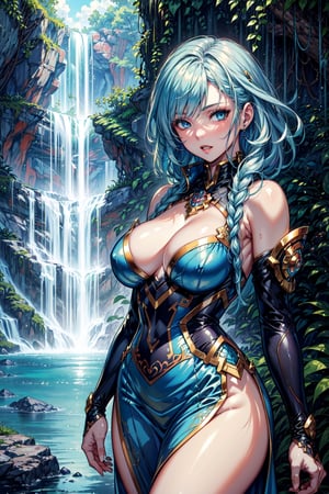 ((masterpiece, best quality)), 1 girl, long light blue hair, short light blue dress, beautiful legs, highly detailed face, light blue eyes, curvy body, uhd image, vibrant artwork, vibrant manga, fantasy mix and realistic elements, the background is a waterfall
