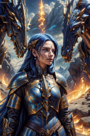 ((masterpiece)), (best quality), (cinematic), 1 woman in metal armor in the foreground, 1 dragon in the background, Woman caressing a fire dragon, worn armor, shine, battlefield background the Middle Ages, detailed face, long hair, wind, mix of fantasy and realism, mix of fire and wind, (cinematic, colorful), (extremely detailed), clouds, hdr, ultra hd, 4k, 8k,dragonborn