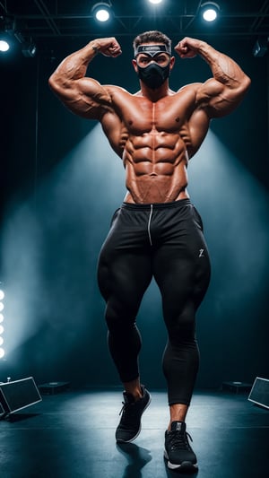 ((masterpiece)), (best quality), bodybuilder posing double biceps from the front, with black mask and glowing eyes, full body, posing on stage, (cinematic), (cinematic, colorful), vast fields (extremely detailed)