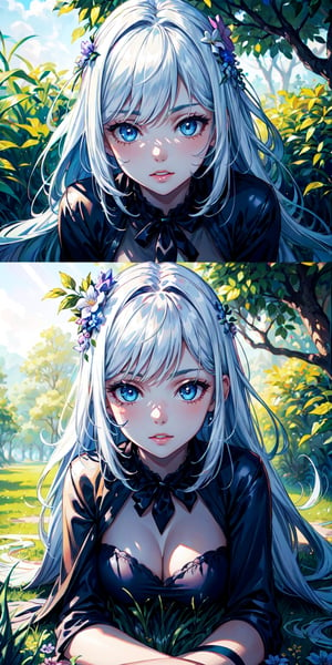 1 girl, white hair, long hair, hair forward, light blue eyes, deep gaze, sitting on the ground under a tree, flowers all over the floor, super detailed image, perfect face, mix of fantasy and realism, hdr, ultra hd, 4k, 8k