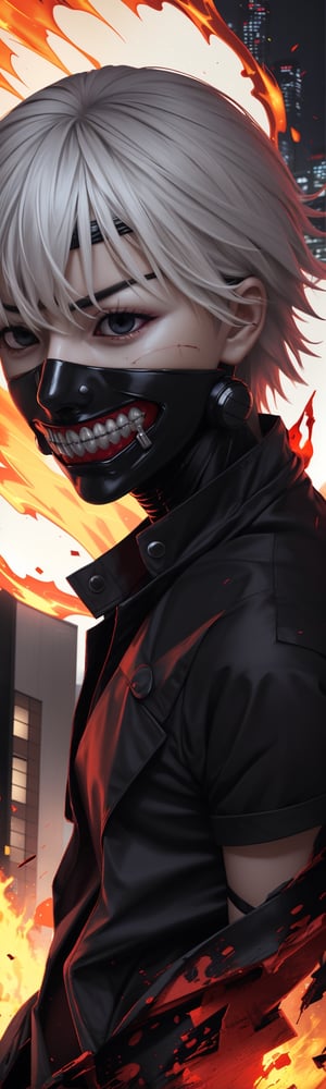 ((masterpiece, best quality)), Kaneki, Tokyo Ghoul, Ghoul, red iris, image split in half, left eye red, right eye black, white eyebrows, anger, black clothes, metal details, background of buildings Tokyo Japan, light flashes, fire explosion, mix of fantastic and realistic elements, uhd image, vibrant artwork, kaneki ken