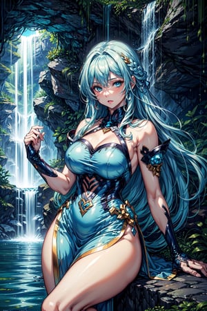 ((masterpiece, best quality)), 1 girl, long light blue hair, short light blue dress, beautiful legs, highly detailed face, light blue eyes, curvy body, uhd image, vibrant artwork, vibrant manga, fantasy mix and realistic elements, the background is a waterfall