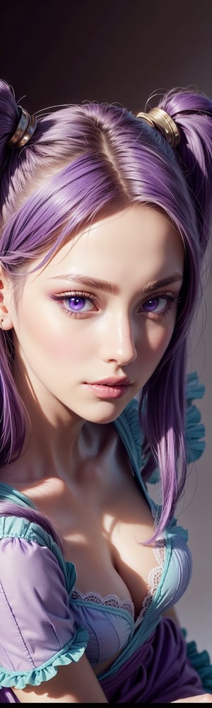 ((masterpiece, best quality)), 1 girl, long purple hair, pigtails, purple top, purple miniskirt, highly detailed face, purple eyes, beautiful makeup, realistic hair lighting, curvy body, top view , high angle, head closer to the camera and body further away, face effect closer to the camera, uhd image, vibrant artwork, vibrant manga, mix of fantasy and realistic elements, vibrant artwork,realhands