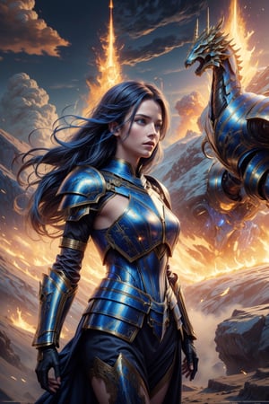 ((masterpiece)), (best quality), (cinematic), 1 woman in metal armor in the foreground, 1 dragon in the background, Woman caressing a fire dragon, worn armor, shine, battlefield background the Middle Ages, detailed face, long hair, wind, mix of fantasy and realism, mix of fire and wind, (cinematic, colorful), (extremely detailed), clouds, hdr, ultra hd, 4k, 8k