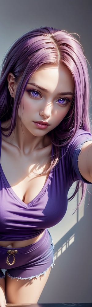 ((masterpiece, best quality)), 1 girl, long purple hair, hair forward, purple shirt, purple shorts, very detailed face, purple eyes, beautiful makeup, lighting in realistic hair, curvy body, view from above, high angle, head closer to the camera and body further away, face effect closer to the camera, uhd image, vibrant artwork, vibrant manga, mix of fantasy and realistic elements, vibrant artwork