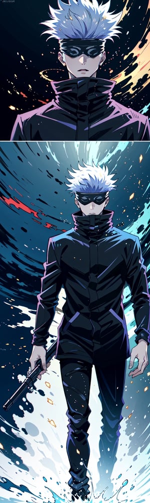 1 boy, Gojo Satoru, full body, black jacket, blindfolded, Jujutsu kaisen, mix of fantasy and realism, special effects, fantasy, ultra hd, hdr, 4k