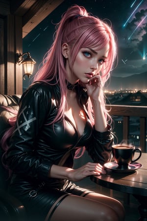1 girl, pink hair, long hair, hair forward, long hair, pink eyes, intimidating look, deep look, sitting with a cup of coffee, looking into the camera, perfect face, beautiful eyes, beautiful house at night, sitting , beautiful night, shooting star, mix of fantasy and realism, hdr, ultra hd, 4k, 8k,GlowingRunes_