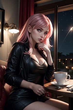 1 girl, pink hair, long hair, hair forward, long hair, pink eyes, intimidating look, deep look, sitting with a cup of coffee, looking into the camera, perfect face, beautiful eyes, beautiful house at night, sitting , beautiful night, shooting star, mix of fantasy and realism, hdr, ultra hd, 4k, 8k