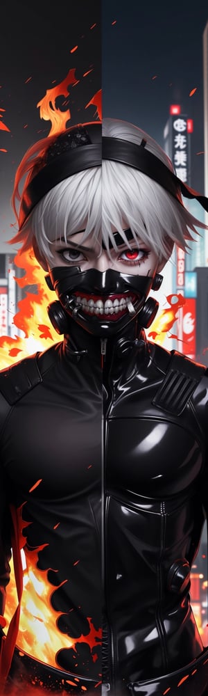 ((masterpiece, best quality)), Kaneki, Tokyo Ghoul, Ghoul, red iris, image split in half, left eye red, right eye black, white eyebrows, anger, black clothes, metal details, background of buildings Tokyo Japan, light flashes, fire explosion, mix of fantastic and realistic elements, uhd image, vibrant artwork, kaneki ken