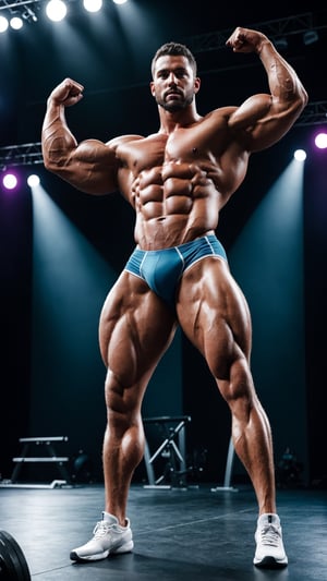 ((masterpiece)), (best quality), bodybuilder posing double biceps from the front, full body, posing on stage, (cinematic), (cinematic, colorful), vast fields (extremely detailed)