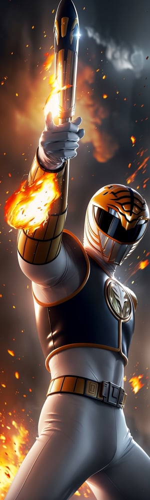 ((masterpiece, best quality)), power ranger, power ranger suit, action pose, fire explosion, mix of fantastic and realistic elements, uhd image, vibrant illustrations, hdr, ultra hd, 4k,White_Ranger