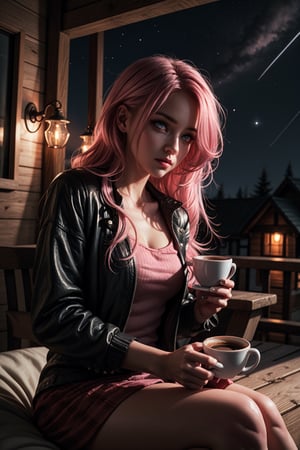 1 girl, pink hair, long hair, hair forward, long hair, pink eyes, sitting with a cup of coffee, looking into the camera, perfect face, beautiful eyes, beautiful house at night, sitting, beautiful night, shooting star, mix of fantasy and realism, hdr, ultra hd, 4k, 8k