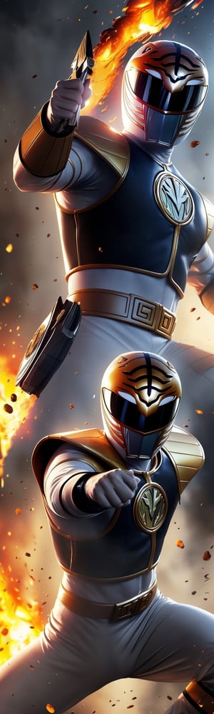 ((masterpiece, best quality)), power ranger, power ranger suit, action pose, fire explosion, mix of fantastic and realistic elements, uhd image, vibrant illustrations, hdr, ultra hd, 4k,White_Ranger
