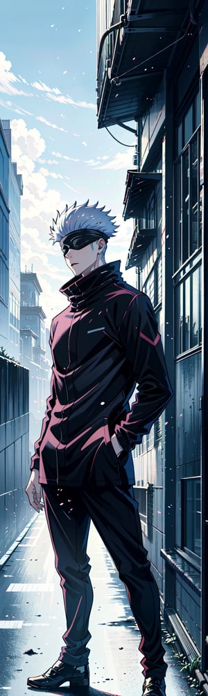 1 boy, Gojo Satoru, full body, black jacket, blindfolded, Jujutsu kaisen, mix of fantasy and realism, special effects, fantasy, ultra hd, hdr, 4k