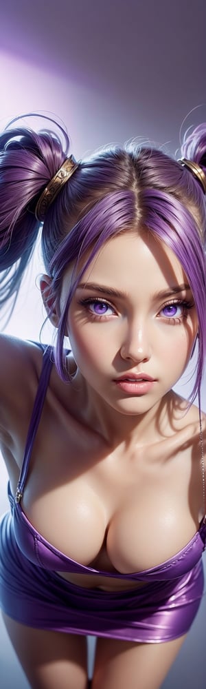 ((masterpiece, best quality)), 1 girl, long purple hair, pigtails, purple top, purple miniskirt, highly detailed face, purple eyes, beautiful makeup, realistic hair lighting, curvy body, top view , high angle, head closer to the camera and body further away, face effect closer to the camera, uhd image, vibrant artwork, vibrant manga, mix of fantasy and realistic elements, vibrant artwork,realhands