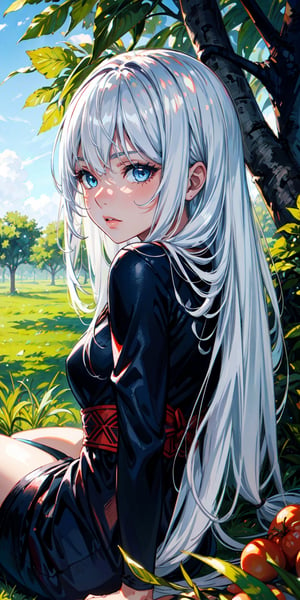 1 girl, white hair, long hair, hair forward, light blue eyes, deep gaze, sitting on the ground under a tree with fruits, super detailed image, perfect face, mix of fantasy and realism, hdr, ultra hd, 4k, 8k