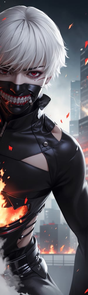 ((masterpiece, best quality)), Kaneki, Tokyo Ghoul, Ghoul, red iris, image split in half, left eye red, right eye black, white eyebrows, anger, black clothes, metal details, background of buildings Tokyo Japan, light flashes, fire explosion, mix of fantastic and realistic elements, uhd image, vibrant artwork, kaneki ken