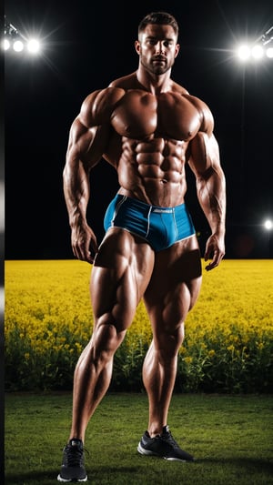 ((masterpiece)), (best quality), bodybuilder posing double biceps from the front, with short, full body, posing on stage, (cinematic), (cinematic, colorful), vast fields (extremely detailed)