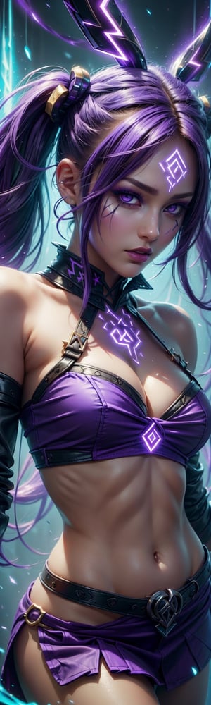 ((masterpiece, best quality)), 1 girl, long purple hair, pigtails, purple top, purple miniskirt, highly detailed face, purple eyes, beautiful makeup, curvy body, top view, high angle, larger head closer to camera and body further away, face effect closer to camera, uhd image, vibrant artwork, vibrant manga, mix of fantasy and realistic elements, vibrant artwork,GlowingRunes_