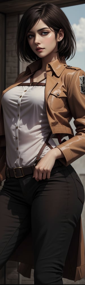 Masterpiece, Mikasa Ackerman, White blouse, brown jacket, open jacket, curvy body, sexy, mix of fantasy and realistic elements, vibrant manga, uhd image, vibrant artwork, hdr, hmmikasa,perfecteyes