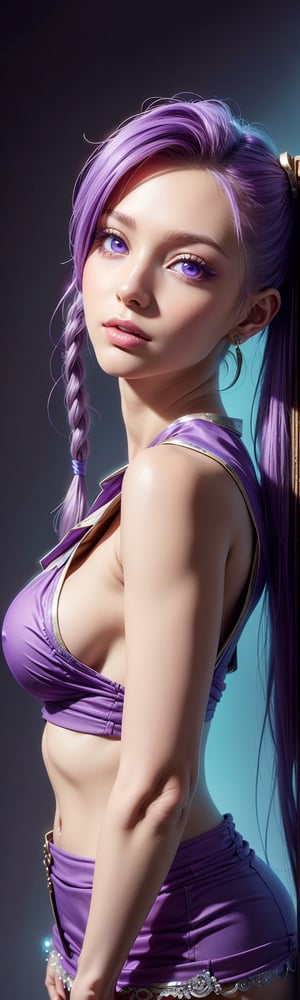 ((masterpiece, best quality)), 1 girl, long purple hair, pigtails, purple top, purple miniskirt, highly detailed face, purple eyes, beautiful makeup, realistic hair lighting, curvy body, top view , high angle, head closer to the camera and body further away, face effect closer to the camera, uhd image, vibrant artwork, vibrant manga, mix of fantasy and realistic elements, vibrant artwork,realhands
