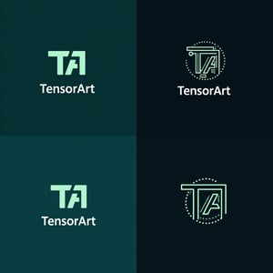 four modern sleek logotype variants for an crypto company called 'TensorArt', each containing the text 'TensorArt' and a detailed symbol from letters 'TA' , 2x2 grid , masterpiece, graphic design, vector, artstation, teal, vector art