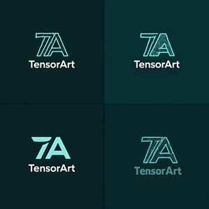 four modern logotype variants for an AI company each containing the text 'TensorArt' and a detailed symbol from letters 'TA' , 2x2 grid , masterpiece, teal, cyberpunk style