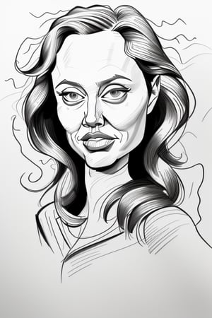 Create a caricature portrait of Angelina Jolie in black and white, using pen and sketch techniques.. The composition should be dynamic, with bold lines and shading to emphasize her iconic look. The lighting should be flat, focusing on the contrast between the inked lines and the white paper.