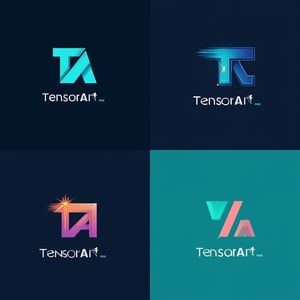 four modern sleek logotype variants for an IT company called 'TensorArt', each containing the text 'TensorArt' and a symbol from letters 'TA' , 2x2 grid , masterpiece, graphic design, vector, artstation, teal, illustration, gradients, neon