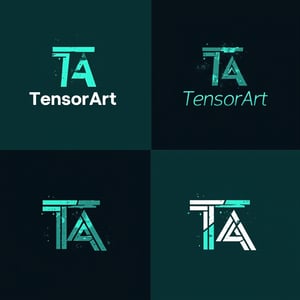 four modern logotype variants for an AI company each containing the text 'TensorArt' and a detailed symbol from letters 'TA' morphing , shape combination, 2x2 grid , masterpiece, teal, cyberpunk style