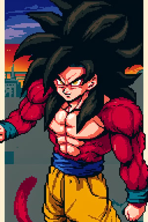 1 boy, edge light, Goku, Super Saiyan 4, red fur, exposed chest and abs, loose yellow pants, dark yellow eyes, black hair, angry, city background, Dragon Ball GT, mix of fantasy and realism, special effects, fantasy, ultra HD, HDR, 4K,Pixel art,Pixel world