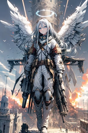 (Masterpieces,  high_details),  kanade,  Angels,  halos,  angel wings,  closed_eyes, mecha amor,  flying,  side view,  (war background,  explosion,  fire: 1.25),blue eyes