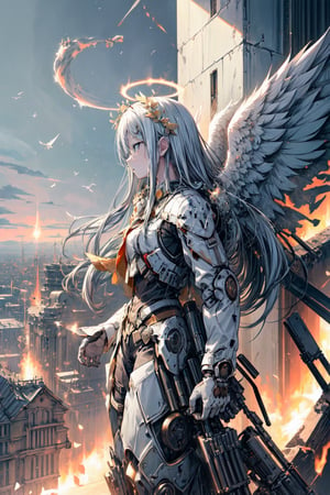  (Masterpieces,  high_details), kanade, Angels, halos, angel wings, closed_eyes,mecha amor, flying, side view, (battlefield background, explosion, fire: 1.25) 