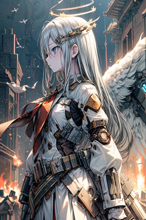 (Masterpieces,  high_details),  kanade,  Angels,  halos,  angel wings,  closed_eyes, mecha amor,  flying,  side view,  (battlefield background,  explosion,  fire: 1.25)