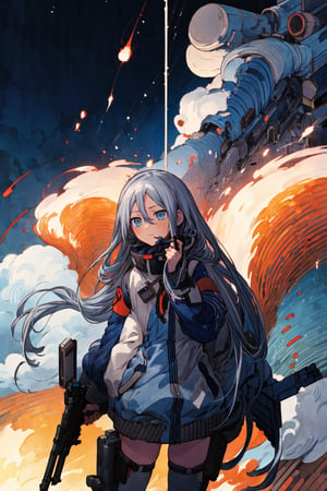 Masterpieces, high_details, 1 girl, kanade, mecha_musume , , space station background, neutral emotions, holding a gun, cinematic view, fire, smoke, explosion ,blue eyes,very long hair,grey hair,blue ,(best quality,Kanade