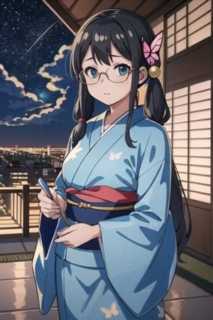 masterpiece, best quality, whale,starry sky, city,1girl,cloudy sky, cloud,ruins,LinkGirl,night,huayu,wearing a yukata,low twintails, hair bobbles, rimless eyewear, butterfly hair ornament, jealous, anime, Ghibli-like colours, ray tracing, first-person view, UHD, retina, ccurate, masterpiece, anatomically correct, textured skin, super detail, high details, high quality, award winning, best quality, highres, 4K,KunoichiDokudami,ayase arisa,fuka